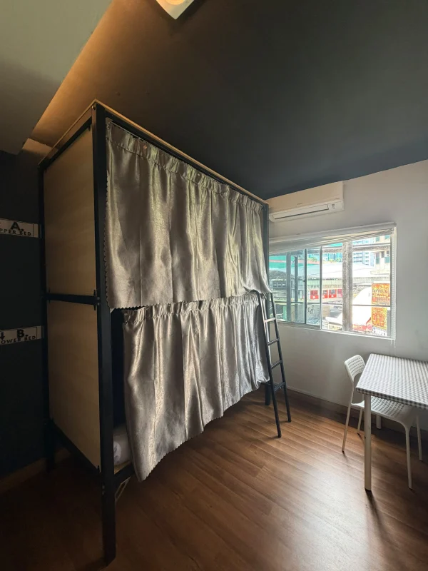 Bunk beds with privacy curtains in the mixed dormitory at Travelogue Guesthouse