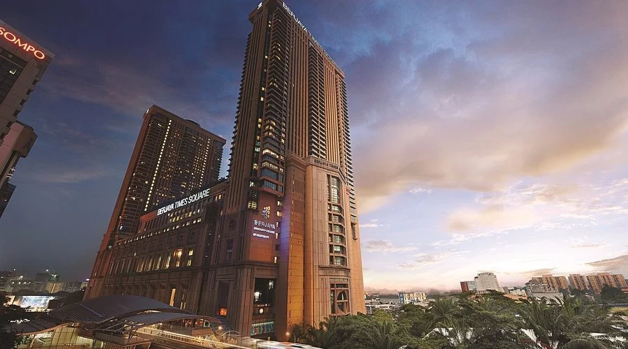 The twin towers of Berjaya Times Square against a dusk sky, Bukit Bintang, Kuala Lumpur