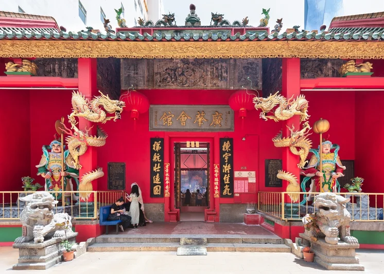 The red front and gold dragons of Guan Di Temple in Kuala Lumpur Chinatown