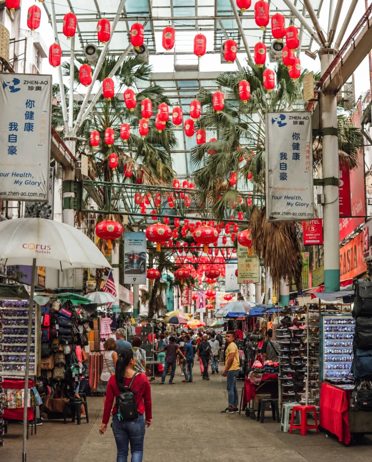 Red lanterns strung the length of the covered Petaling Street market, Kuala Lumpur