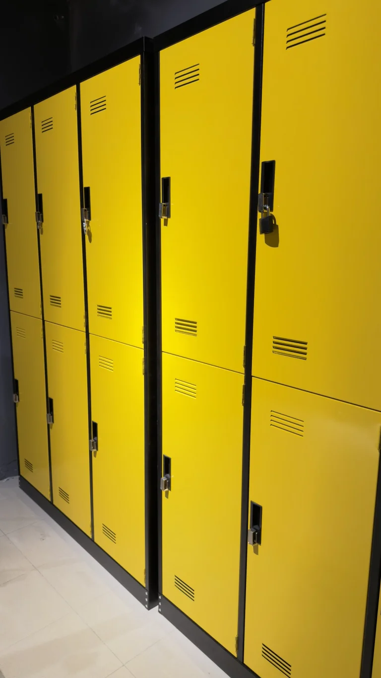 A row of yellow lockers for luggage at Travelogue Guesthouse, Bukit Bintang
