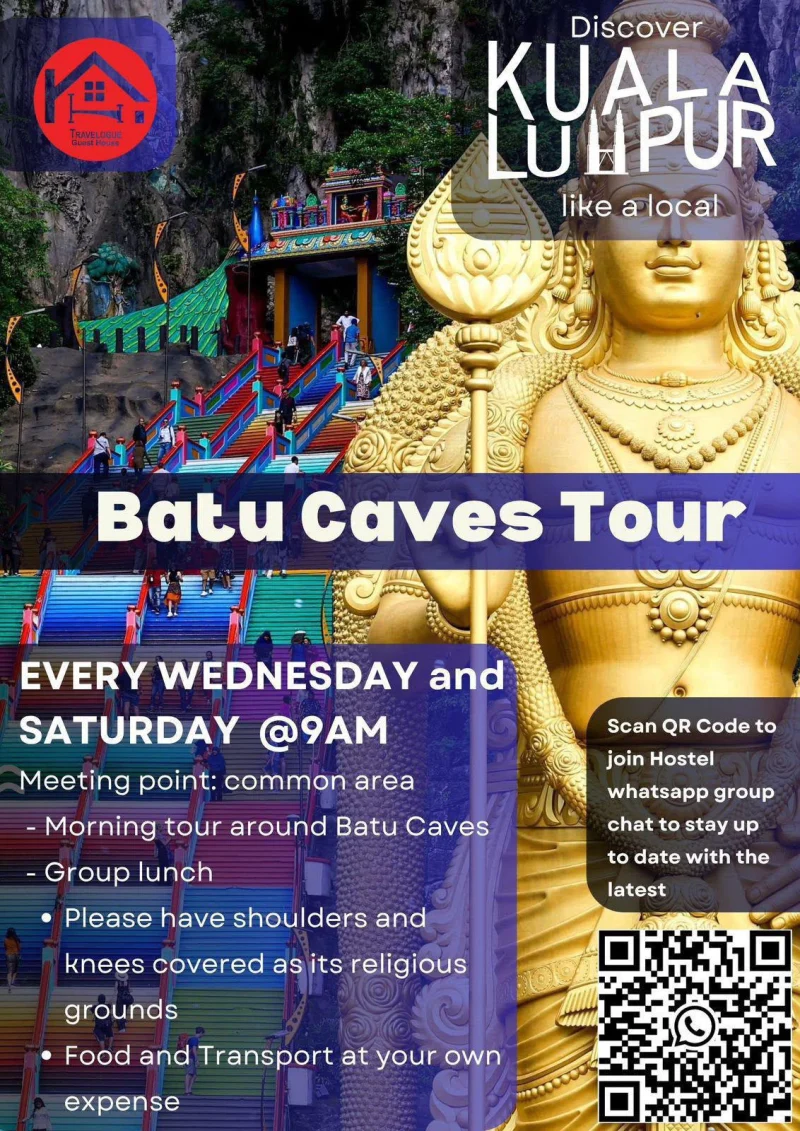 The hostel's own poster for the Batu Caves tour, every Wednesday and Saturday at nine in the morning