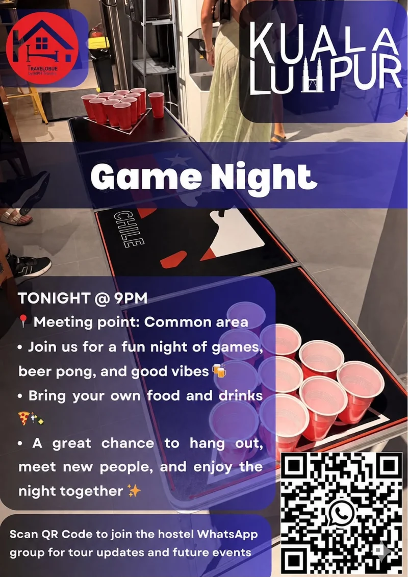 The hostel's own poster for game night at nine in the evening in the common area