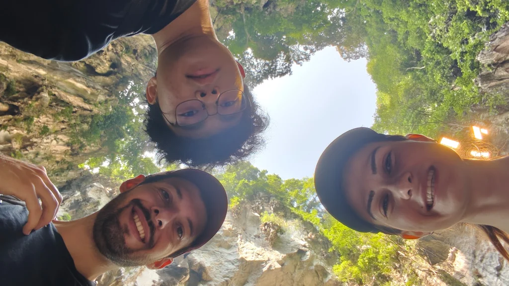 Travelogue Guesthouse guests looking up through the trees on a day out