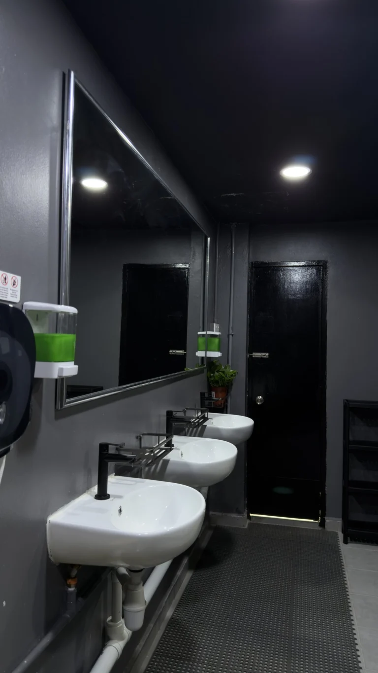 A row of basins under a long mirror in the shared bathroom at Travelogue Guesthouse, with soap dispensers on the wall