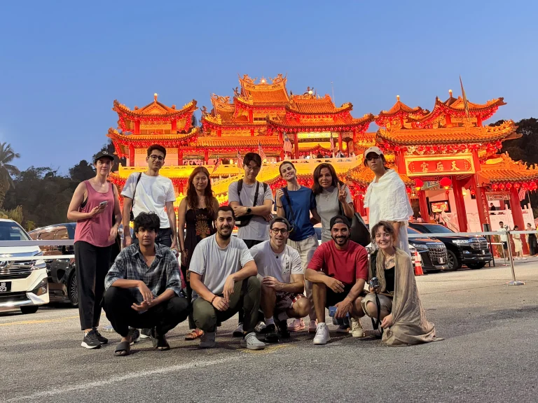 Travelogue Guesthouse group outside Thean Hou Temple in the evening, Kuala Lumpur