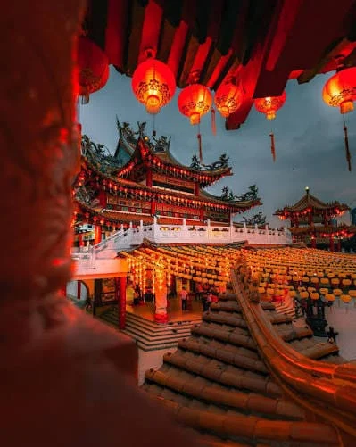 Rows of red lanterns across the courtyard roof at Thean Hou Temple, Kuala Lumpur