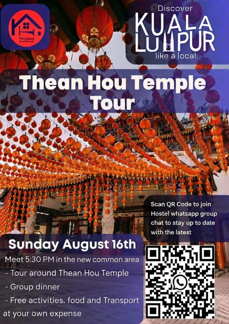 The hostel's own poster for the Thean Hou Temple tour, meeting at half past five