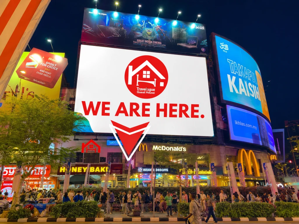 The Bukit Bintang junction at night with Travelogue Guesthouse marked on it