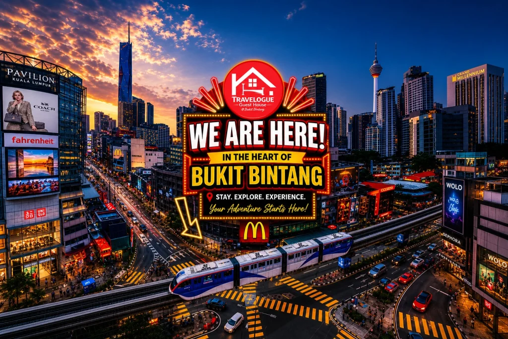 A Travelogue Guesthouse graphic over the lit Bukit Bintang skyline at dusk, reading We Are Here, In The Heart Of Bukit Bintang, with the monorail and the Jalan Bukit Bintang billboards below it